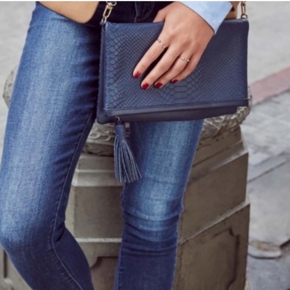 Gigi New York | leather bag, authentic snakeskin, navy fold over clutch w/ strap - Picture 3 of 4